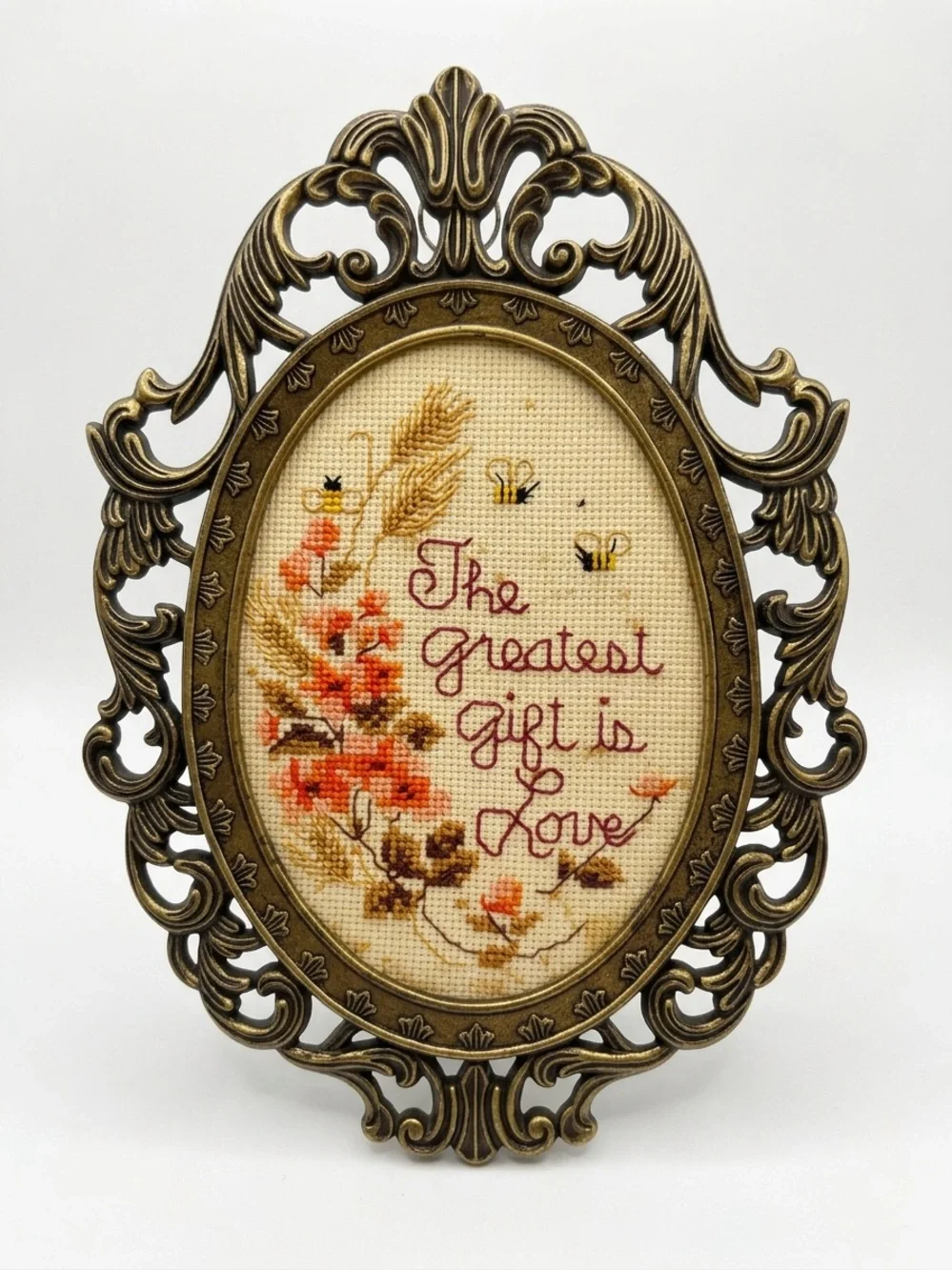 Vintage 1985 Creative Circle The Greatest Gift is Love Framed Cross Stitch Art